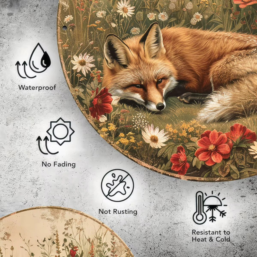 Potdemiel Rundes Metallschild mit Vintage Fuchs und floralem Wiesen-Design, Durchmesser: 20,3 cm, Mehrfarbig - Bild 4