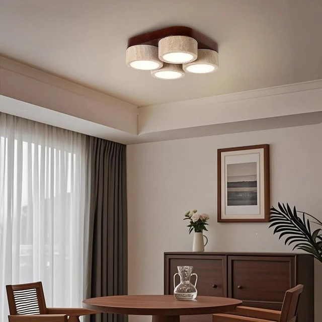 HomeLover Retro Quadratische LED Deckenleuchte aus Massivholz und Travertin Naturstein in Beige und Braun - Bild 1