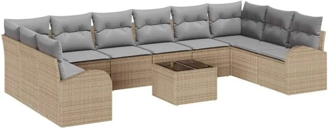 vidaXL Gartensofa-Set aus Poly-Rattan in Beige und Hellgrau mit 11-teiligem Polster-Set und Tisch in U-Form - Bild 1