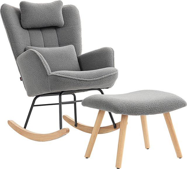 HOMCOM Schaukelstuhl mit Hocker, gepolsterter Relaxsessel mit Lendenkissen und Kopfstütze, Dunkelgrau - Bild 1