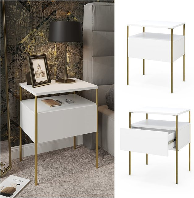 Vicco Nachtschrank Mira Nachtkommode in Weiß Gold mit Schublade und Ablage, B: 40 cm, T: 50 cm, H: 53,9 cm - Bild 1