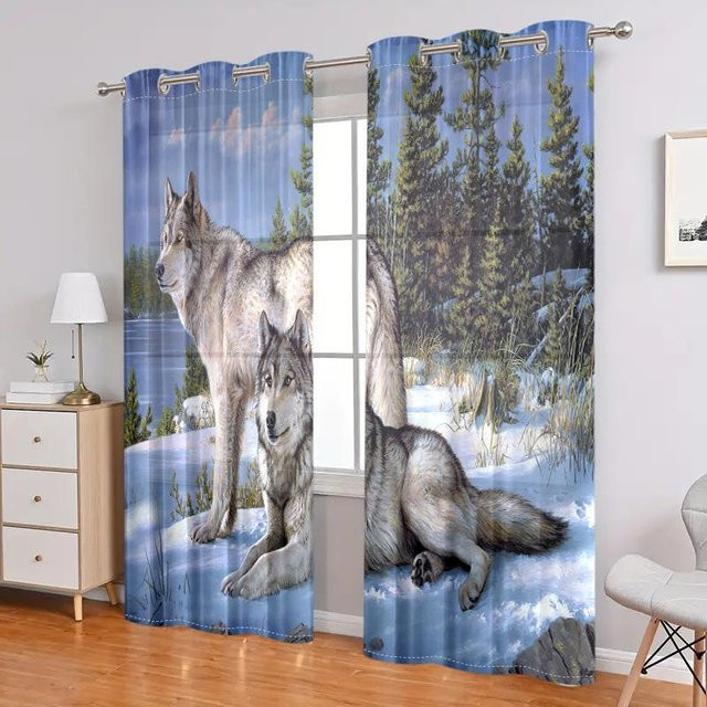 2er-Set halbverdunkelnde Ösenvorhänge mit Schneewolf-Muster in Multicolour, Breite: 150 cm, Höhe: 166 cm - Bild 1