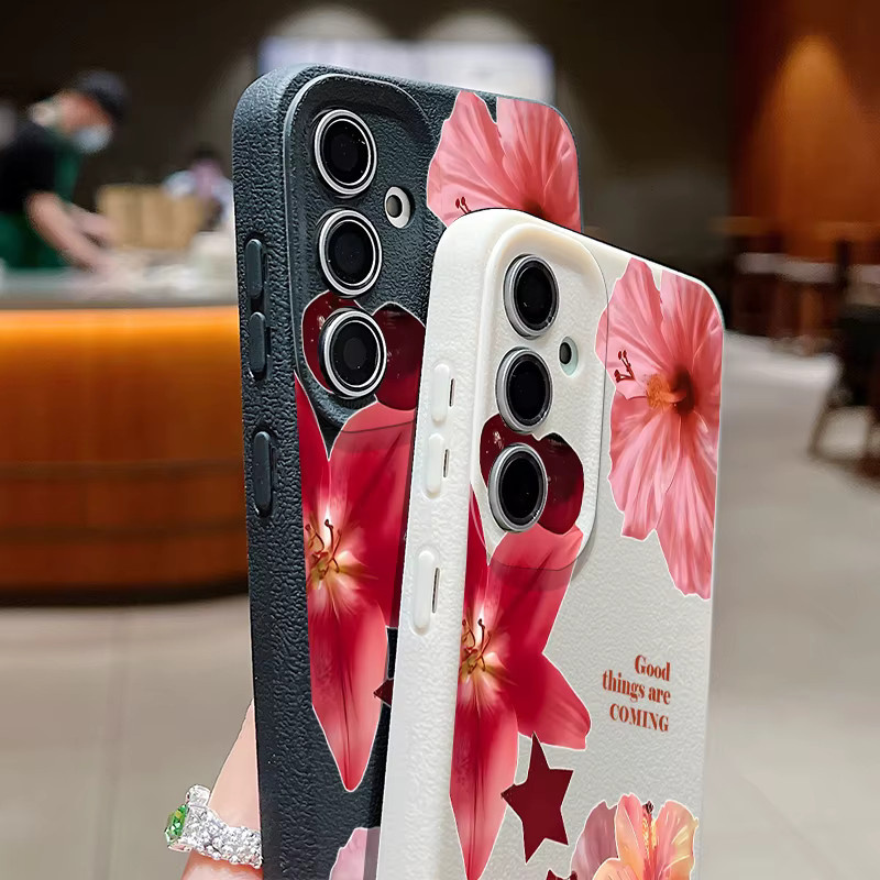 Silikonhülle mit Blumenmuster und Lederstruktur für Samsung Galaxy S25 Edge S24 FE S23 S22 S21 Ultra A17 A56 A55 A36 A15 A16 in Grau und Mehrfarbig - Bild 4