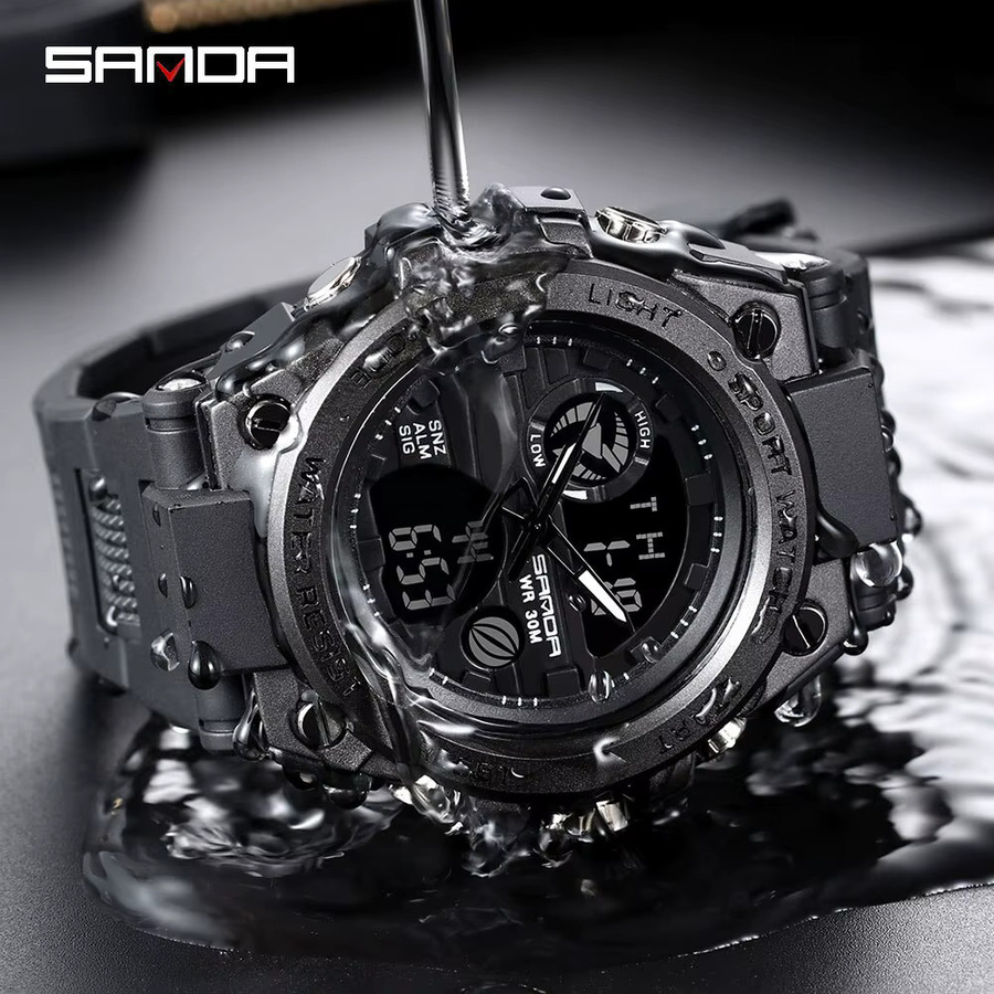 Sanda Armbanduhr, Analog-Digital, Schwarz, Kunststoff, Edelstahl, Herren - Bild 2