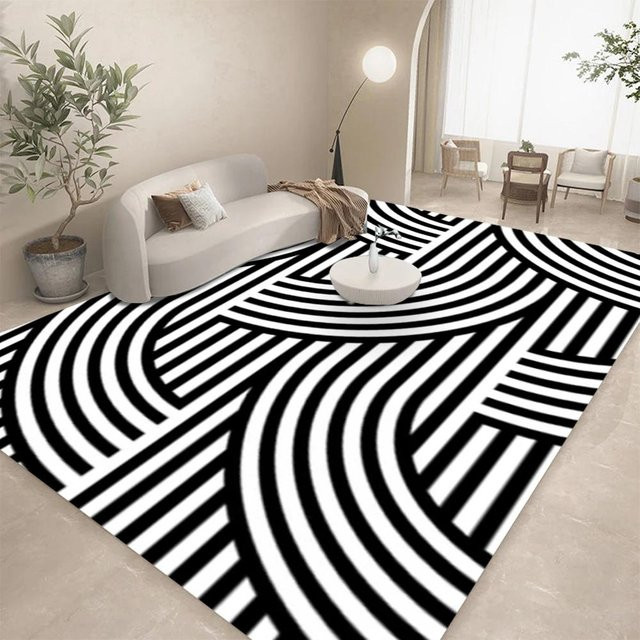 Miniso Teppich mit geometrischem Linienmuster in Schwarz und Weiß, rutschfest und modern, B/T: 80 x 50 cm - Bild 1