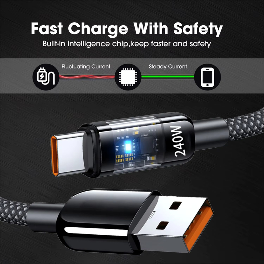 240W USB Typ-C Ladekabel mit Nylonummantelung und LED-Beleuchtung in Schwarz für Samsung, Xiaomi und OnePlus - Bild 6