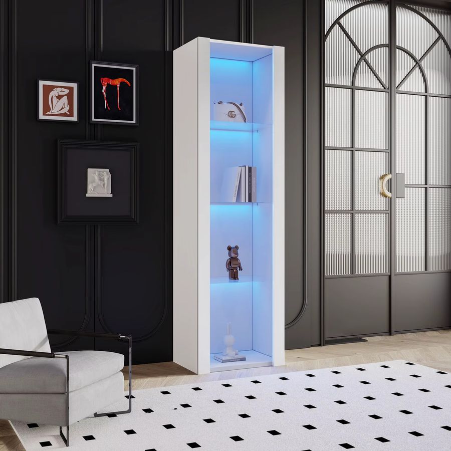 KOMHTOM Hochglanz-Vitrine in Weiss mit LED-Beleuchtung und 3 Glasböden, Standvitrine und Hochschrank, B/T/H: 55 x 38 x 166 cm - Bild 3