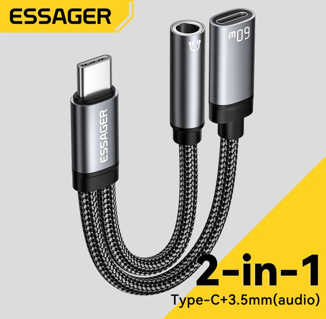 ESSAGER 2-in-1 USB-C Audioladegerät-Adapter mit 3,5-mm-Klinkenanschluss und PD 60 W Schnellladung für iPhone, Android, Tablet und PC - Bild 1