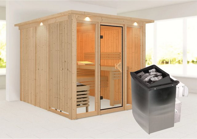 Karibu Sauna Svava mit Glasfront, Kranz Set in Natur und 9 kW Ofen mit integrierter Steuerung, Braun - Bild 1