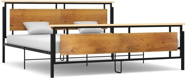 vidaXL Bett aus Metall und Eichenholz in Schwarz, B/T/H: 200 x 200 x 90 cm - Bild 1
