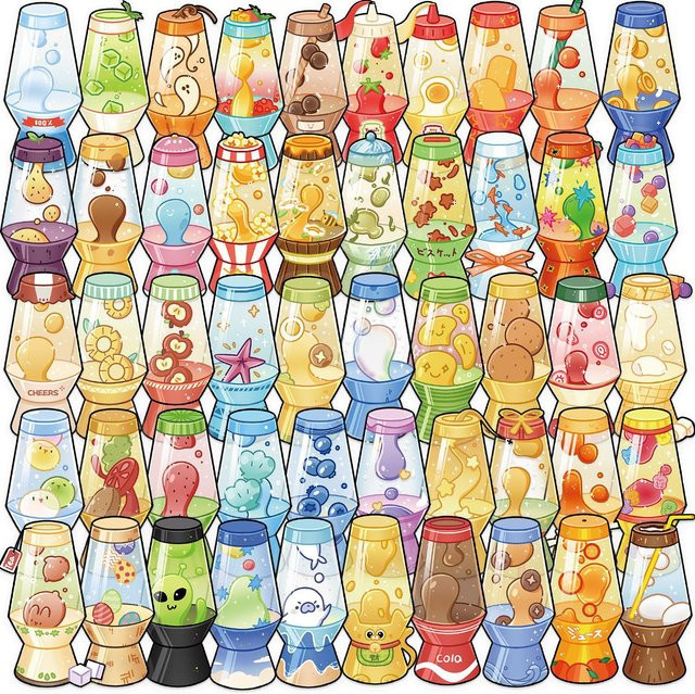 50 oder 100 Stück Bunte Cartoon Lava Lampe Aufkleber aus transparentem PET für Schreibwaren, Notebooks und Smartphones - Bild 1