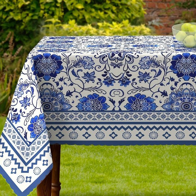 Rechteckige Tischdecke mit blauem Keramikblumen-Design von JINGYUE Pet in Grau und Blau, B/T: 140 x 90 cm - Bild 1