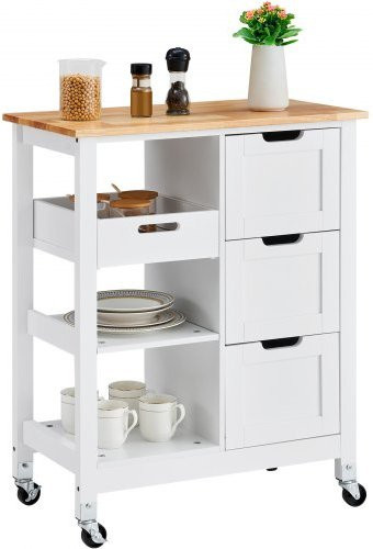 VEVOR Kücheninsel mit Holzplatte und Rollen, Mobiler Frühstückstisch in Weiß mit 3 Schubladen und Regalen für Küche und Wohnzimmer im Farmhouse-Stil, B/T/H: 67 x 43 x 84 cm - Bild 1