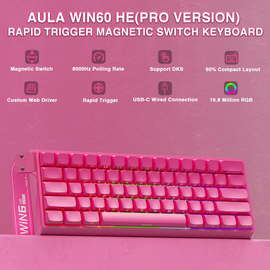 AULA WIN60PRO Esports-Gaming-Tastatur mit Hall-Effect-Magnetschaltern, Rapid Trigger, 8K Return, RGB und Hotswap im 60 % Layout, Grau/Pink/Mehrfarbig - Bild 2