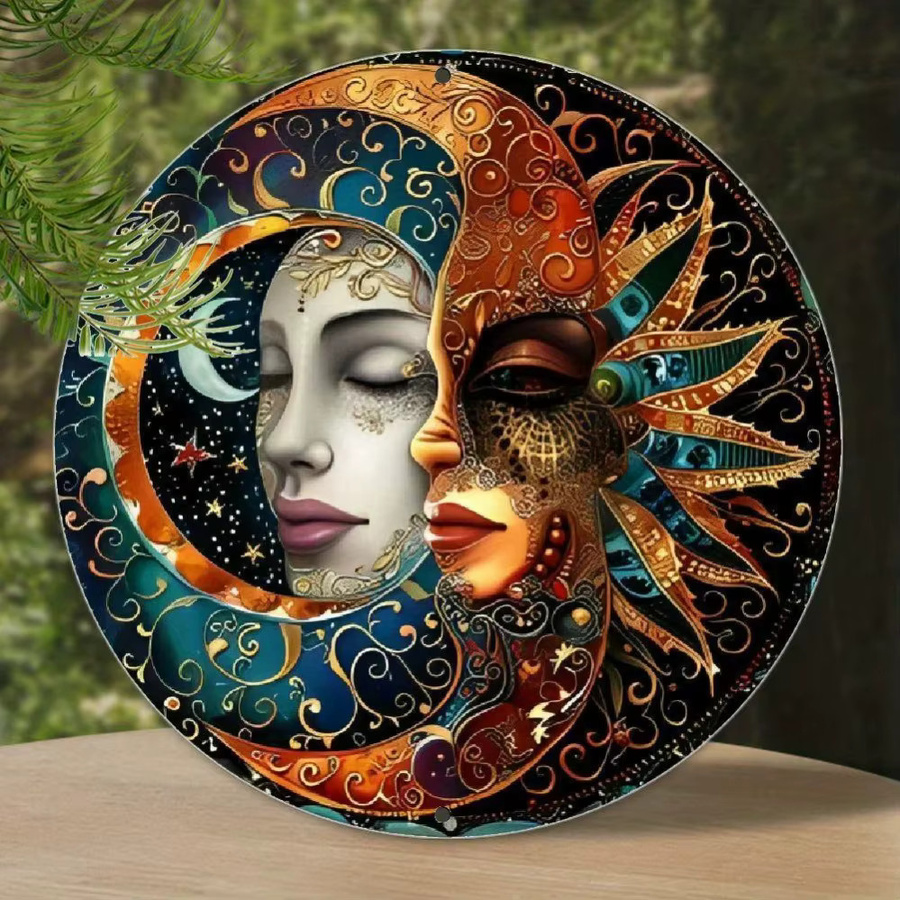 Runde Vintage-Wandkunst aus Metall von Potdemiel mit Sonne, Mond, Sternen und Vögeln in Multicolour, Boho-Design für Innen- und Außenbereiche, Durchmesser: 20 cm - Bild 2