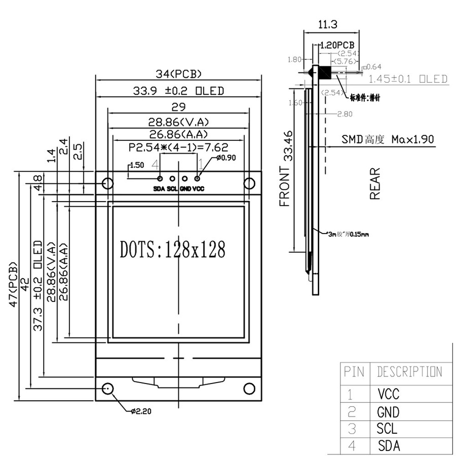 OLED LCD Modul 1,5 Zoll Display Weiß mit blauer Anzeige, 128 x 128 Pixel, SH1107 Treiber Chip, I2C Schnittstelle, 4-Pin, 3V-5V - Bild 3