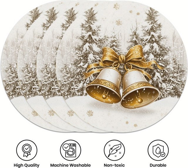 VIKAMA 4-teiliges Weihnachts-Tischset mit goldenen Glocken zur Tischdekoration für Feiertage und Familienfeiern - Bild 1
