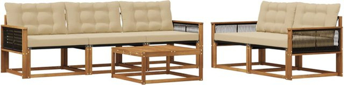 vidaXL Outdoor-Sofagarnitur aus Akazie mit Textilene-Kissen, 6-teiliges Loungemöbel-Set in Natur und Beige - Bild 1
