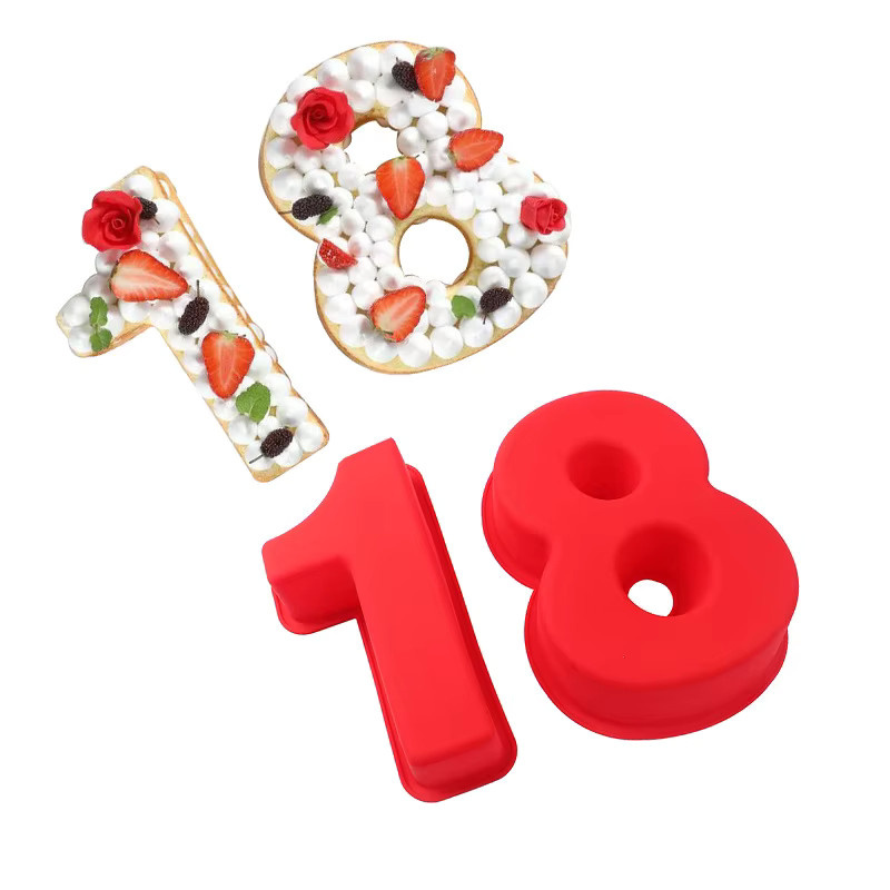 Silikon Backform für Zahlen 0-9 zur DIY Kuchen Dekoration, Rot, Breite: 25,4 cm - Bild 1