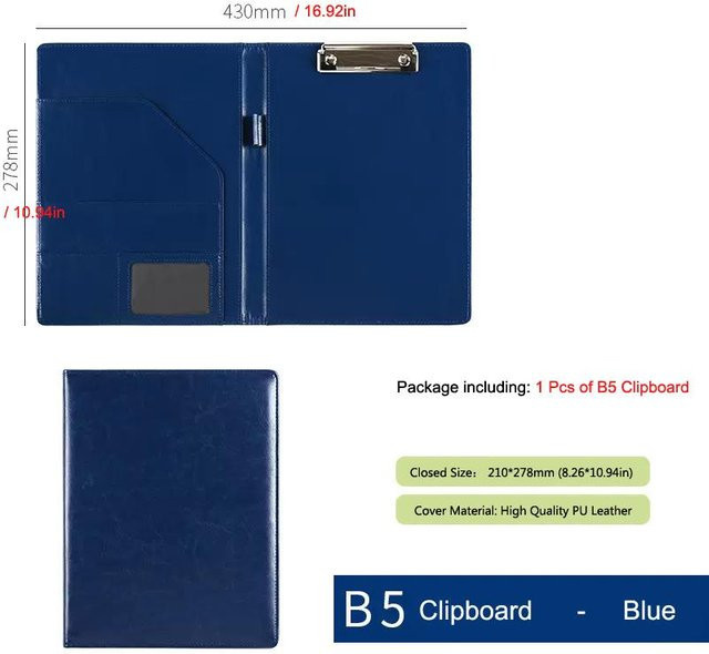 Leder-Schreibmappe Portfolio von Yiran Furniture für A5, Klemmbrett und Dokumentenhalter aus Leder und Metall in Blau, Braun oder Schwarz - Bild 1