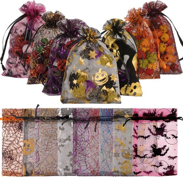 Ywbeads Halloween Organza Geschenkbeutel mit Schädel und Spinnennetz-Druck in Bunt mit Kordelzug - Bild 1