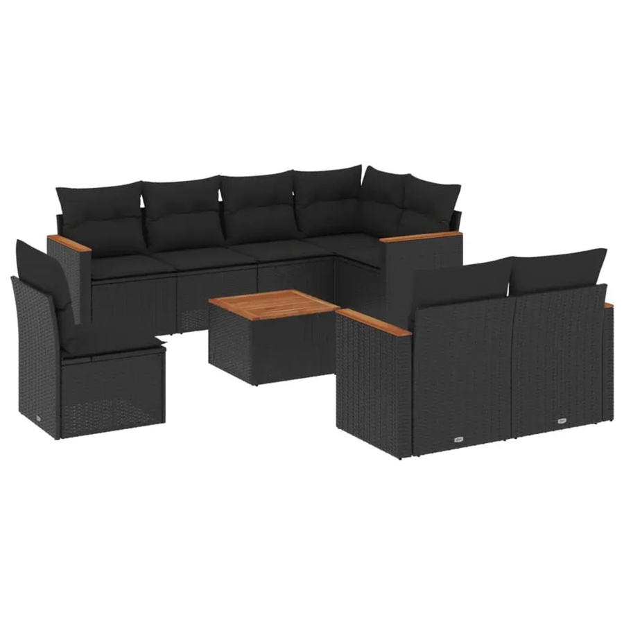 vidaXL 9-teilige Garten-Sofagarnitur aus Poly-Rattan und Akazienholz in Schwarz mit Kissen - Bild 2