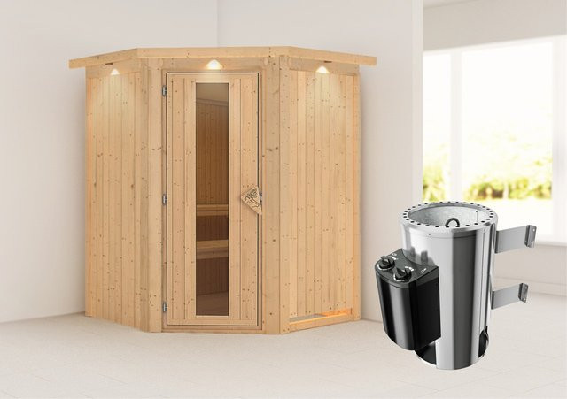 Karibu Sauna mit Ofen, integrierter Steuerung und LED-Dachkranz in Natur - Bild 1