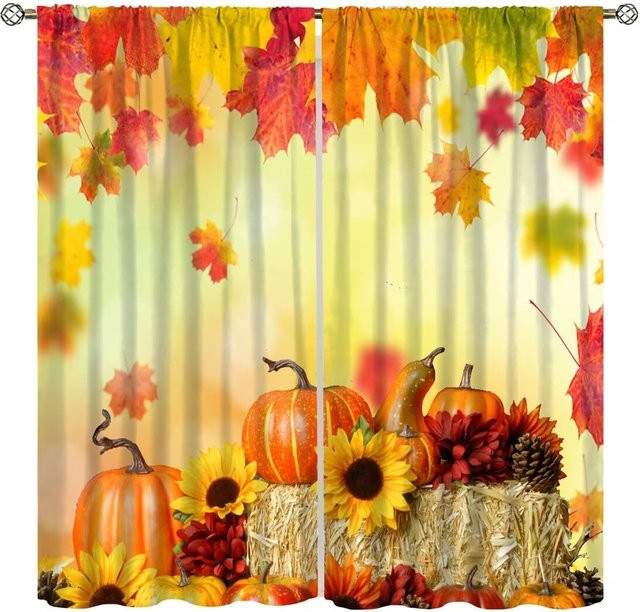 Lampayan Verdunkelungsvorhänge mit Herbstlaub und Kürbisdruck aus Polyester, 2er-Set, B: 100 cm, H: 130 cm - Bild 1