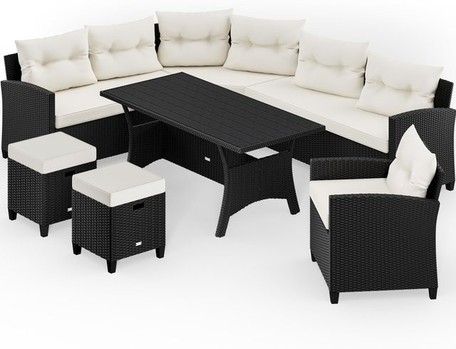 Casaria® Polyrattan Ecklounge in Schwarz und Beige mit Kissen, Ottoman und Couchtisch für den Garten - Bild 1