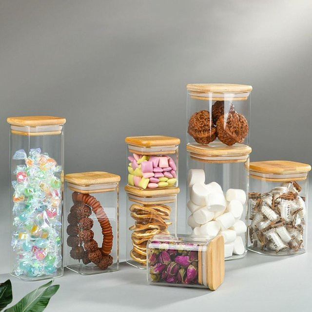 Transparente Gewürzdose aus Glas mit Bambusdeckel und luftdichtem Verschluss als Vorratsbehälter für Snacks und Süßigkeiten - Bild 1