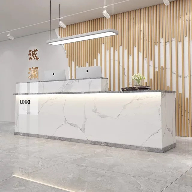 DELEVEN Empfangstheke in Weiß mit integrierter Beleuchtung und Steinoptik, moderne Rezeption für Büro, Salon oder Laden, B/T/H: 120 x 60 x 100 cm - Bild 1