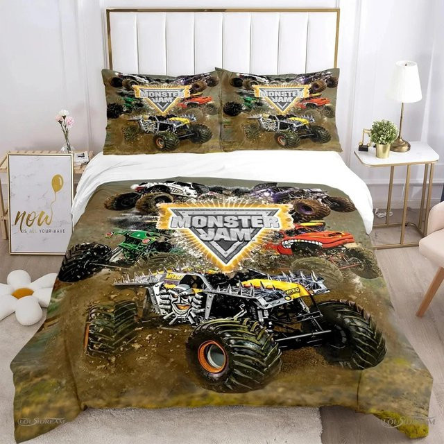 Monster Truck Bettwäsche-Set mit 3D-Druck Design, Cartoon Monster Jam Motiv, weiches Microfaser-Bettwäsche-Set bestehend aus Deckenbezug und Kissenbezügen, Mehrfarbig, Breite: 133 cm, Länge: 200 cm (Annahme basierend auf Standard, da nur 70x133cm im Text  - Bild 1