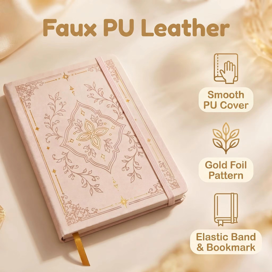 A5 Punktraster-Notizbuch mit Blumenmuster und Goldfolie, Hardcover aus PU-Leder in Beige, 160g/m² Papier, nummerierte Seiten mit Gummiband - Bild 2