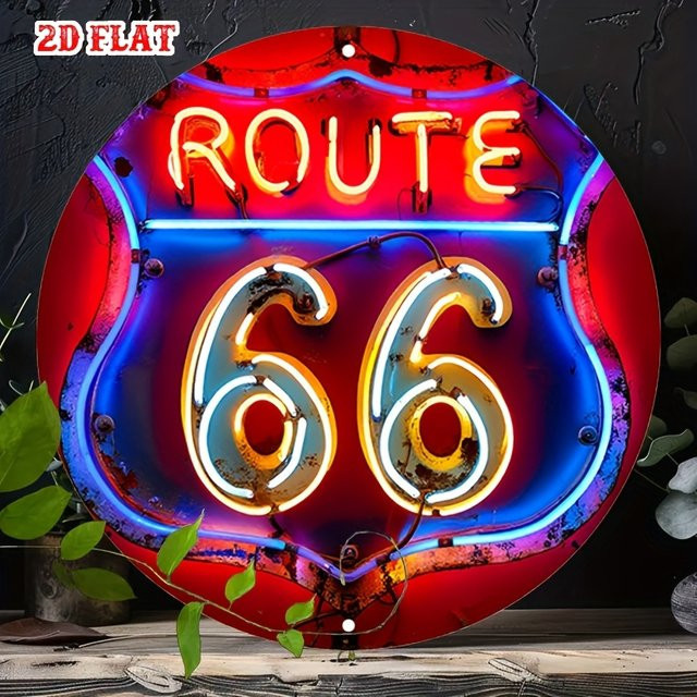 Potdemiel Route 66 Vintage-Leuchtreklame – Runde Aluminium-Wanddekoration im Americana Style, Mehrfarbig, Durchmesser: 20 cm - Bild 1