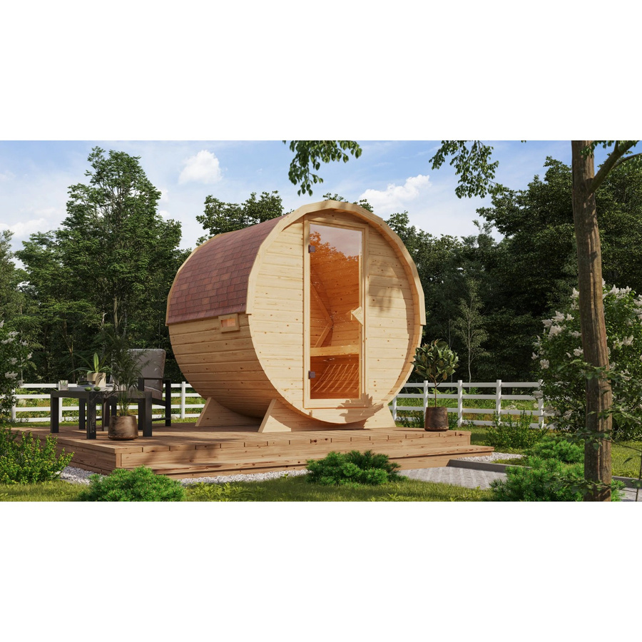 Karibu Fasssauna-Set aus naturbelassener Fichte in Brown mit 9 kW Ofen und externer Steuerung - Bild 2