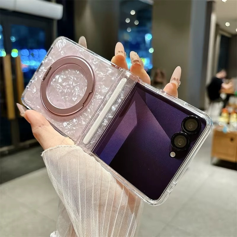 Magnetische Handyhülle mit Muschelstruktur und 360 Grad Drehbarer Halterung für Samsung Galaxy Z Flip 7 6 5 Z Flip7 FE, Transparent, Stoßfeste Abdeckung - Bild 3