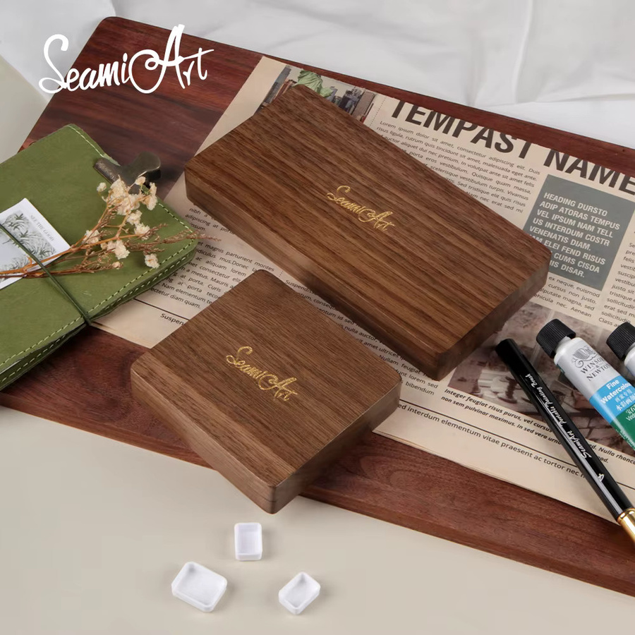 SeamiArt Malbox aus schwarzem Walnussholz mit Palette und halben Pfannen für Aquarellfarben in Schwarz und Braun - Bild 3