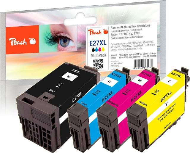 Peach E27 XL Druckerpatronen Set (Schwarz, Cyan, Magenta, Gelb) ersetzt Epson T2716, No. 27XL, C13T27164010 für Epson WorkForce WF-3600 und WF-3620 (wiederaufbereitet) - Bild 1