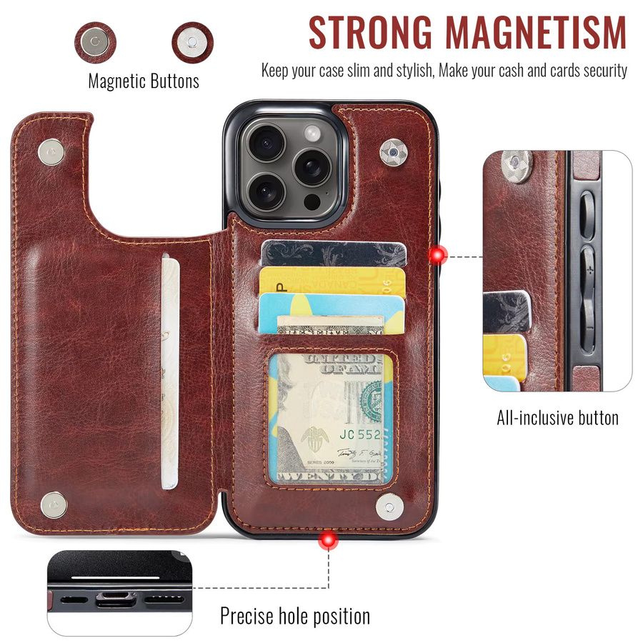 WeFor Brieftaschenhülle aus PU-Leder für iPhone 16 Pro Max, iPhone 16 Plus und iPhone 16 mit Kartenhalter, Ständer und doppeltem Magnetverschluss in Schwarz oder Braun - Bild 2