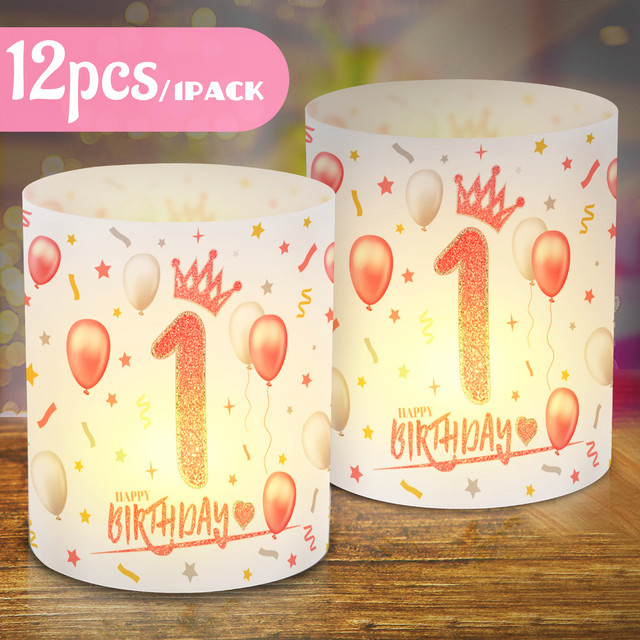 12 Stück rosa Papier-Lampenschirme in Kronenform mit Ballonkronenmuster für den 1. Geburtstag - Bild 1
