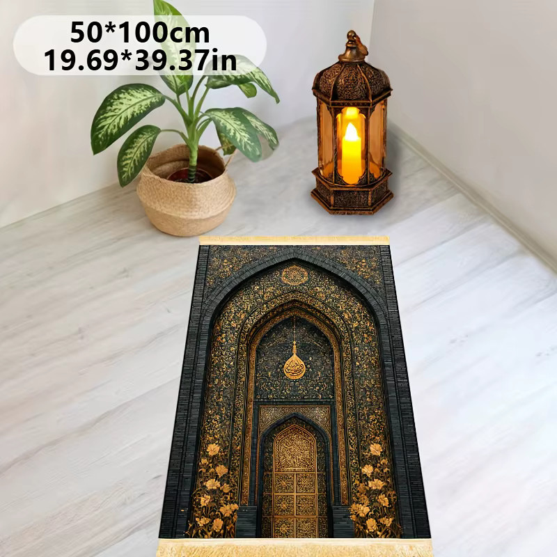VIKAMA Premium Gebetsteppich mit blauem und goldenem Moschee-Design, rutschfester orientalischer Quastenteppich - Bild 4