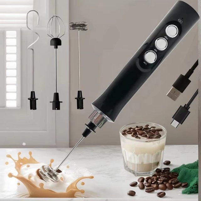 OFENGIQ Kabelloser elektrischer Milchaufschäumer in Schwarz mit 3 Geschwindigkeiten und USB-Aufladung für Latte, Cappuccino und heiße Schokolade - Bild 1