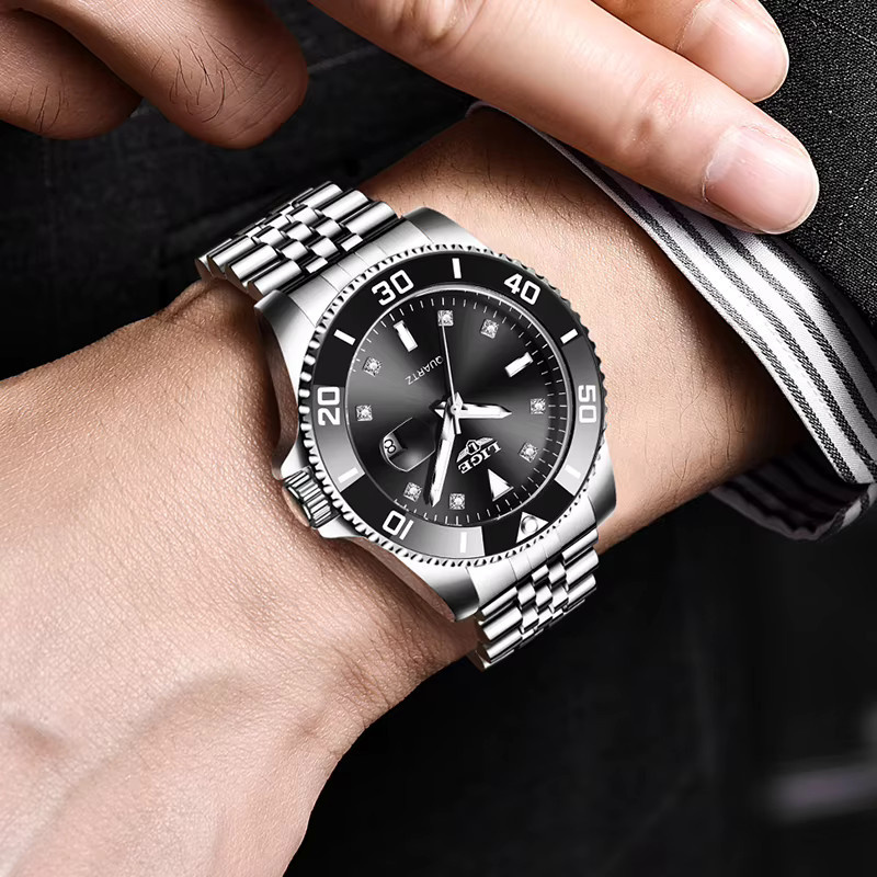 LIGE Armbanduhr Quarz, Edelstahl, Schwarz, Silber, Herren - Bild 6