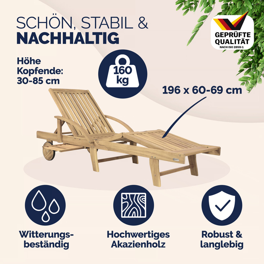 Casaria Gartenliege aus Akazienholz mit verstellbarer Kopfstütze, Ausziehtisch und Rollen in Braun - Bild 2