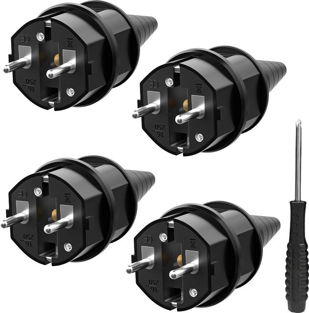 HITRENDS 4er Set Schuko-Netzstecker wasserdicht, EU-Stecker-Adapter 250 V 16 A, Schwarz - Bild 1