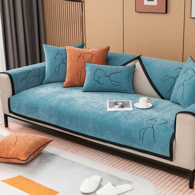 Rutschfester Chenille-Sofa-Mattenbezug in Blau für L-Form Ecksofas, rechteckiges Kissenbezug aus Polyester, Breite: 30 cm, Tiefe: 50 cm - Bild 1