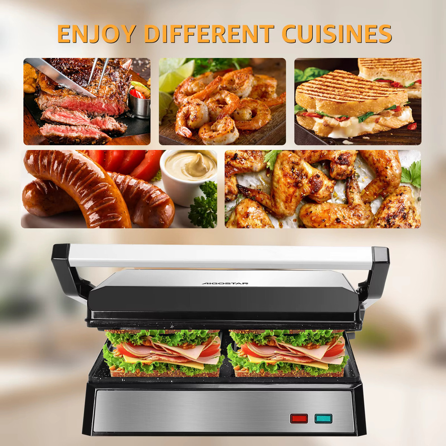 Aigostar Kontaktgrill in Schwarz mit Edelstahl-Design, 1500W Panini Grill und Sandwichmaker mit Antihaftbeschichtung und abnehmbarer Ölsammelbox - Bild 5