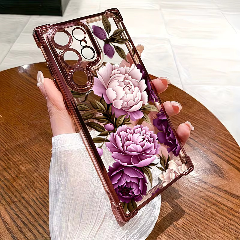 Handyhülle mit lila Pfingstrosen-Muster für Samsung Galaxy S26 S25 S24 Ultra S23 S22 Plus S21 FE A36 A55 A54 A34 A35 A53 A52 5G in Lila und Schwarz - Bild 1