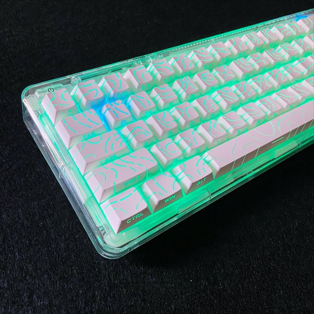 Mechanische Tastatur Tastenkappen im Kirschprofil mit schwarz-weißen Konturenlinien und seitlicher Gravur in durchscheinendem Design - Bild 1