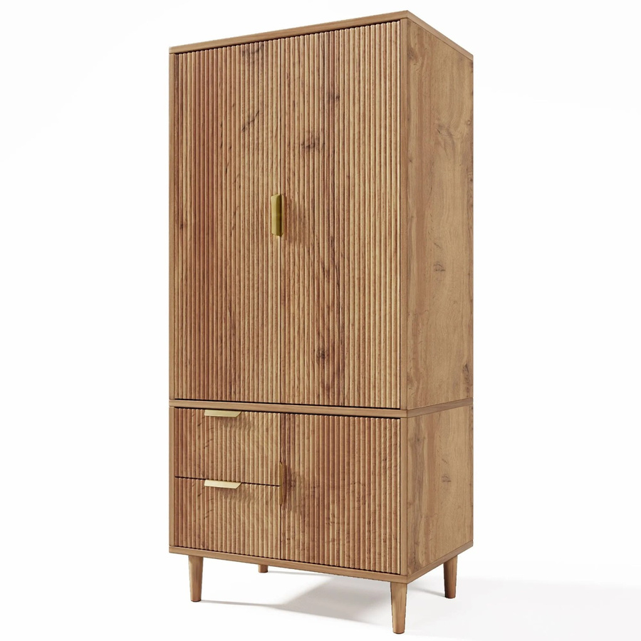 Merax Kleiderschrank mit 3 Türen und integrierten Schubladen in Eiche Optik, B/T/H: 80 x 50 x 177 cm - Bild 2